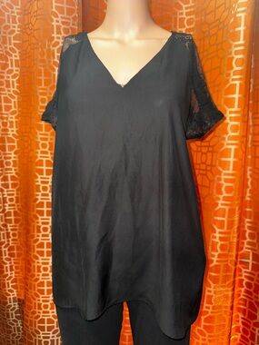 Zara Basic Black Lace Sleeve Top Size Small Chic Minimal Shirt